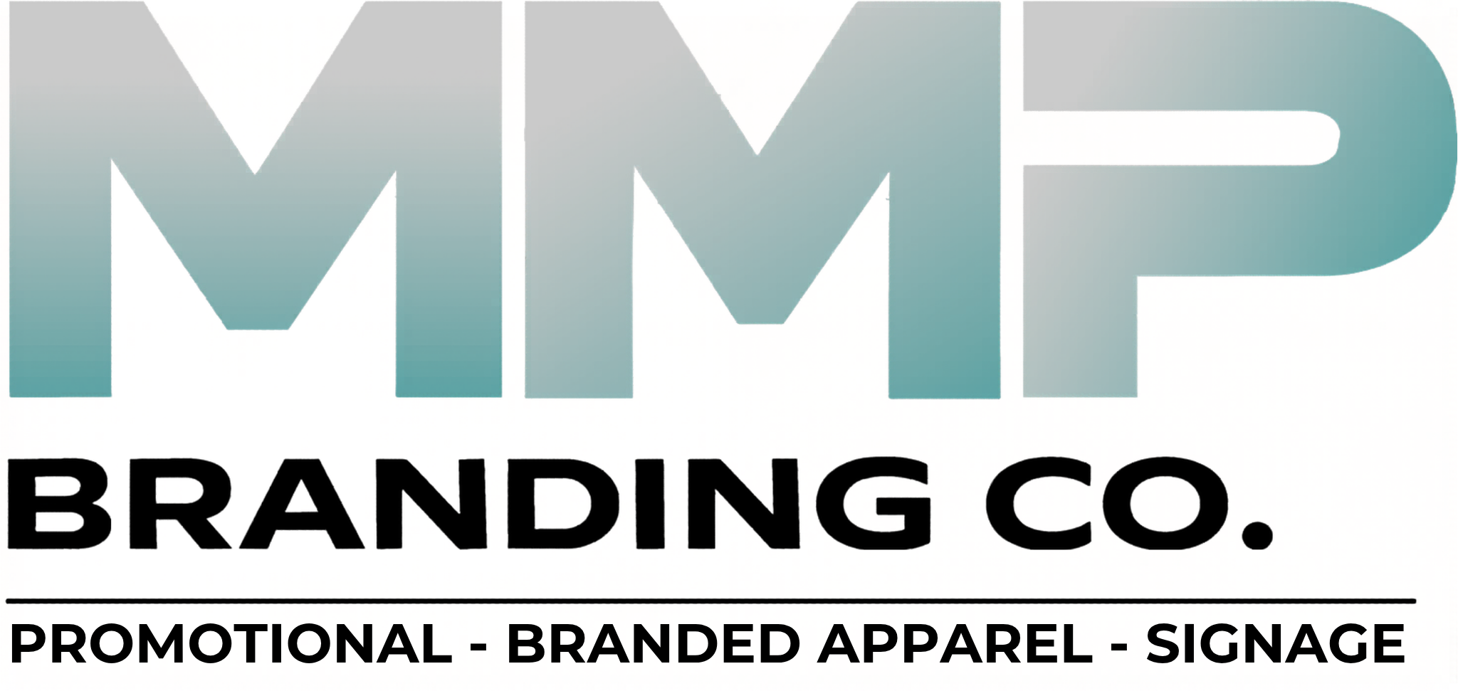 MMP Branding Co. logo with teal gradient letters and tagline 'Promotional - Branded Apparel - Signage'