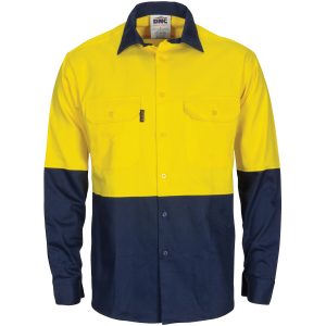 DNC Workwear - DNC-3733 - HiVis L/W Cool-Breeze T2 Vertical Vented Cotton Shirt with Gusset Sleeves - Long Sleeve