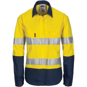 DNC Workwear - DNC-3749 - Ladies HiVis 3 Way Cool-Breeze Cotton Shirt with Gusset Sleeve, 3M R/Tape - Long Sleeve.