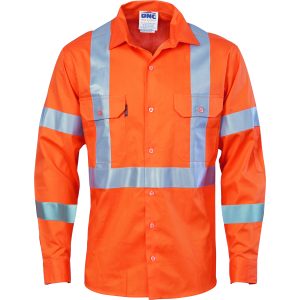 DNC Workwear - DNC-3789 - Hivis cool-breeze cotton shirt with double hoop on arms & 'X' back CSR R/tape - long sleeve
