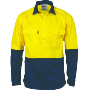 DNC Workwear - DNC-3834 - HiVis Two Tone Close Front Cotton Drill Shirt - long sleeve Guss et Sleeve