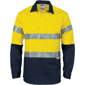 DNC Workwear - DNC-3949 - HiVis Cool-Breeze Close Front Cotton Shirt
with 3M R/Tape - Long sleeve