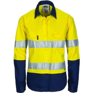 DNC Workwear - DNC-3986 - Ladies HiVis Two Tone Cool-Breeze Cott on Sh irt
with 3M R/Tape - Long sleeve