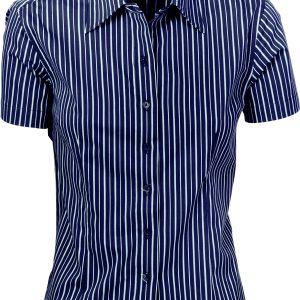 DNC Workwear - DNC-4233 - Ladies Stretch Yarn Dyed Contrast Stripe Sh irts -Short Sleeve