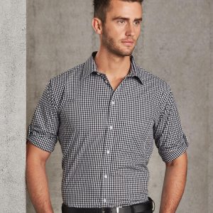 Shiny - M7300L - M7300L Men’s Gingham Check Long Sleeve Shirt with Roll-up Tab Sleeve